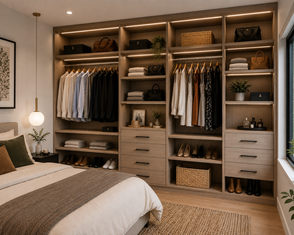 Open Wardrobe with Shelving and Drawers
